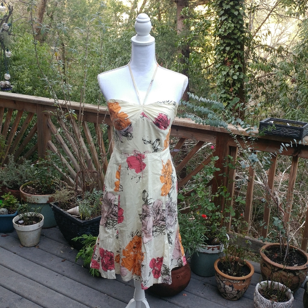 💃Anthropologie floral cotton halter sun dress